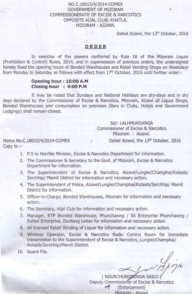 Commissioner of Excise & Narcotics OFFICE Order on opening hour of Bonded Warehouse and Vendors for winter