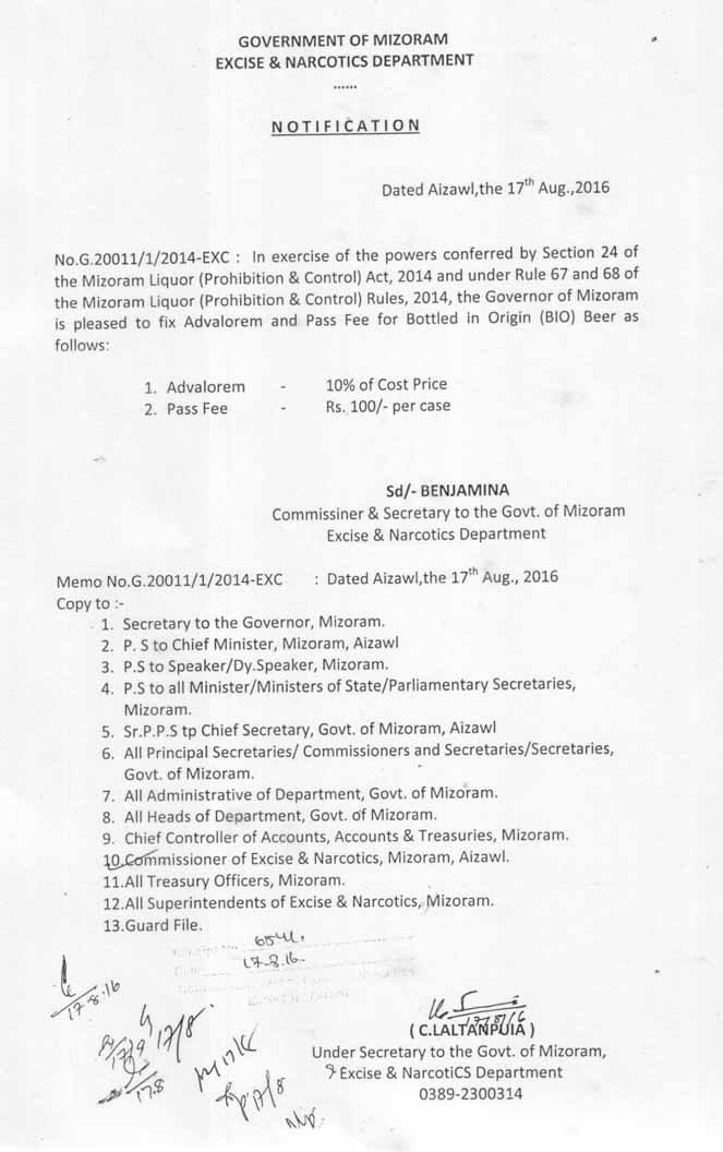 Notification regarding BIO Beer - Advalorem and Pass fee 